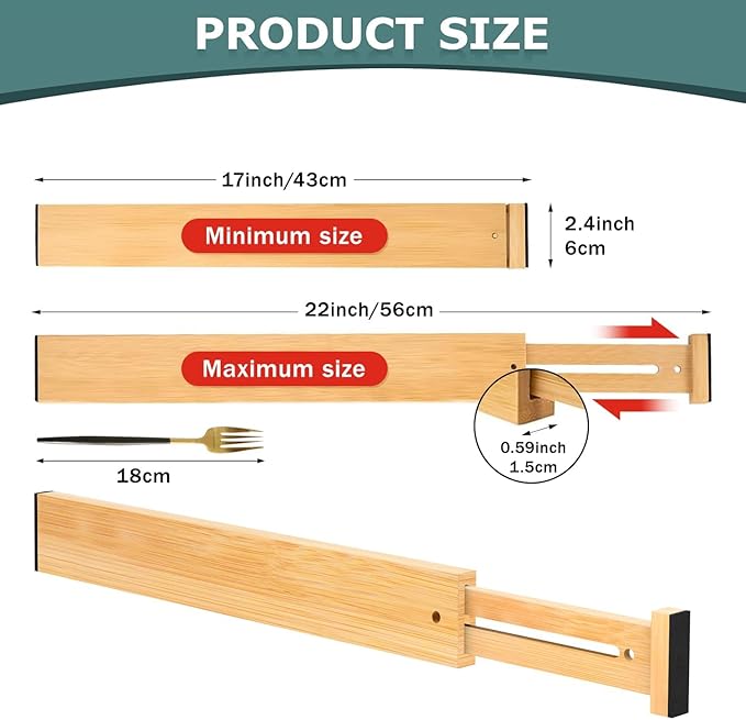 Lzerking Kitchen Drawer Dividers 4 Pack Adjustable Bamboo Drawer Organizer | 17-22" Adjustable, Spring Loaded, Expandable Utensil Organizer, Works in Kitchen, Dresser, Bathroom, Bedroom, Closet