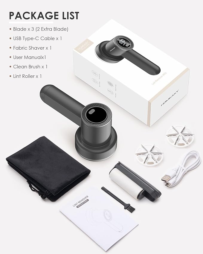 HOMEASY Fabric Shaver, Rechargeable Lint Remover for Clothes Grey | Electric sweater shaver and depiller with 70mm head, 6-leaf blades, LED battery display and Type-C charging for Furniture