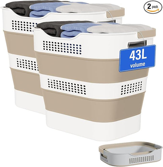OOAMBB 43L+43L Collapsible Laundry Baskets plastic (Beige, 2 Packs) | Pop Up Laundry hamper/Storage Container, Foldable Laundry Basket with Handles, Durable,Space Saver