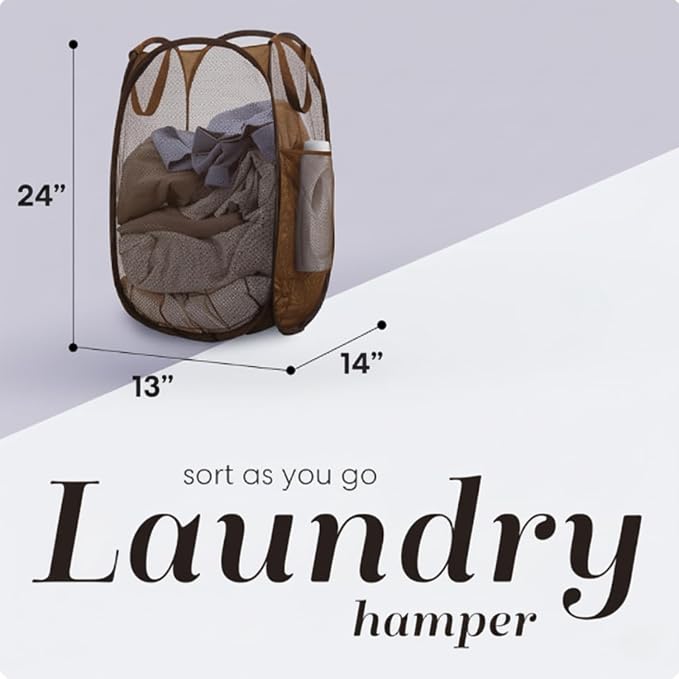 Handy Laundry Collapsible Mesh Pop Up Laundry Hamper with Side Pocket | Sturdy Reinforced Handles, Breathable Foldable Basket for Dorm, Travel, Cruise, Bedroom, 14 x 13 x 24 in, Brown