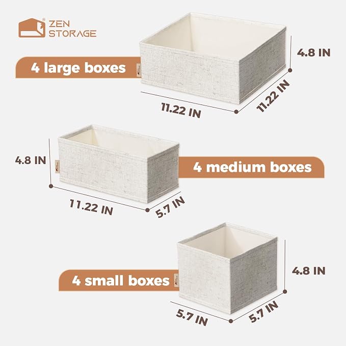 Cotton Linen Drawer Organizer for Baby Clothes, 12Pack Multi-Size Nursery Dresser Dividers for Clothes, Premium Foldable Storage Bins for Bedroom, Closet and Diaper Table, Beige