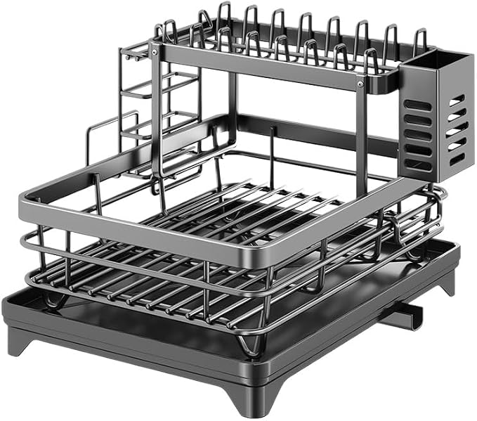 Dish Drying Rack for Kitchen Counter, 2-Tier Metal Dish Rack with Drainboard, Utensil Holder and Plate Rack, Compact Countertop Dish Drainer for Plates, Bowls, Cups and Cutlery, Black