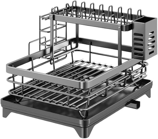 Dish Drying Rack for Kitchen Counter, 2-Tier Metal Dish Rack with Drainboard, Utensil Holder and Plate Rack, Compact Countertop Dish Drainer for Plates, Bowls, Cups and Cutlery, Black