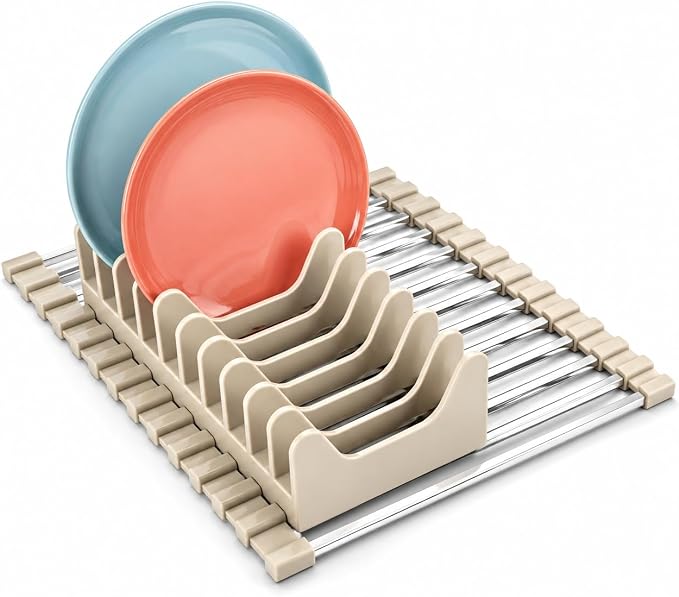 Small Aluminum Roll Up Dish Drying Rack with Removable Dish Holder (9" × 13") for Camping, RV, Camper, Boat & Narrow Sinks, Rust-Proof Square Bar, Beige