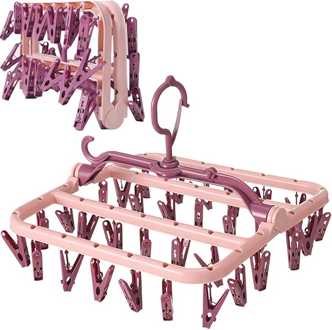 Foshine Clothes Drying Racks Foldable Clip Hangers Plastic with 32 Clips | Wind-Proof Hook Underwear Hanger For Socks Bras Pink
