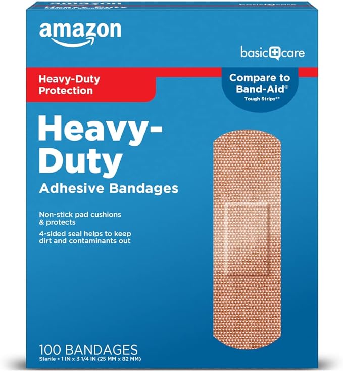 Amazon Basic Care Heavy-Duty Flexible Fabric Adhesive Bandages, First Aid and Wound Care Supplies for Minor Cuts, Scrapes, Blisters, One Size, 100 Count