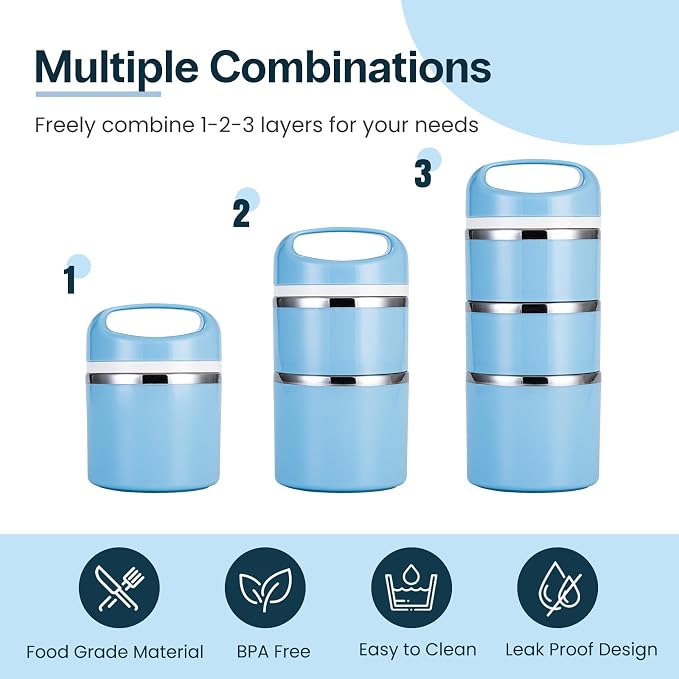 Lille Home Stackable Stainless Steel Thermal Compartment Lunch/Snack Box, 3-Tier Insulated Bento/Food Container with Lunch Bag and Three Extra Seals, 43OZ (Blue)