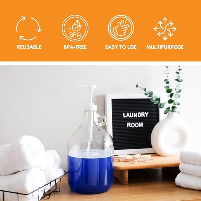 Glass Laundry Detergent Dispenser 4-Pack with Pumps | 1 Gallon Glass Jug | Food-grade Laundry Detergent Pump Dispenser with airtight screw-top lid | non-slip base and 1.4 oz pump for liquid