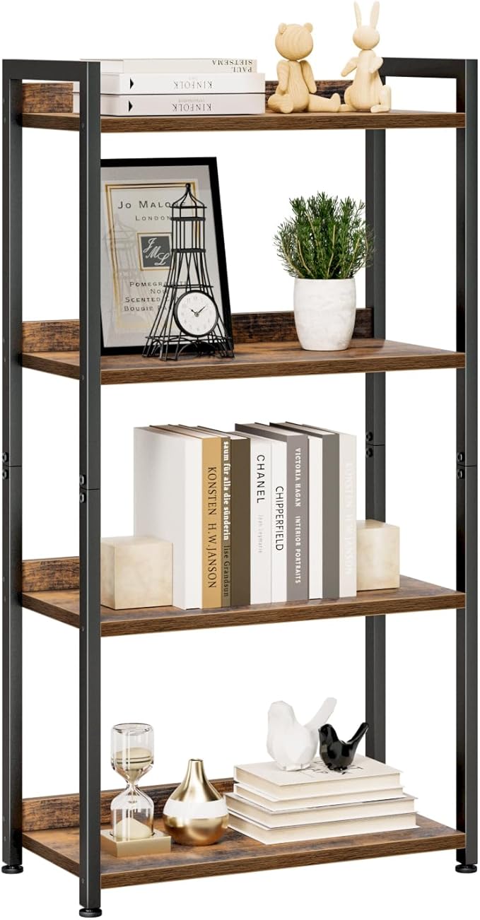 NUMENN Bookshelf, 4 Tier Freestanding Shelving Unit, Vintage | Metal Frame & Wood Shelves, Falling Prevention Baffle, Open Storage Bookcase for Bedroom, Living Room & Home Office