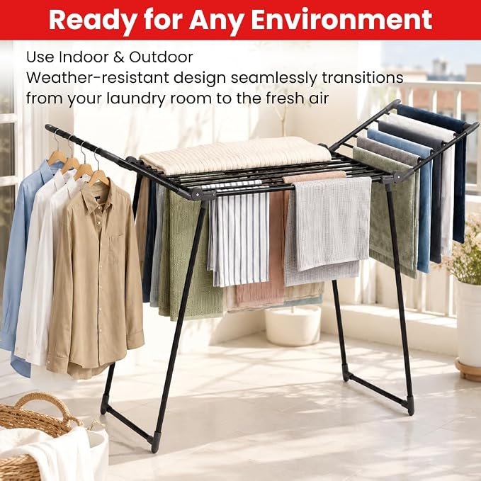 Clothes Drying Rack Foldable, Heavy Duty Metal Laundry Drying Rack for Indoor & Outdoor Use, Large Foldable Clothes Dryer Rack with 30KG Load Capacity, Space Saving Clothing Drying Rack