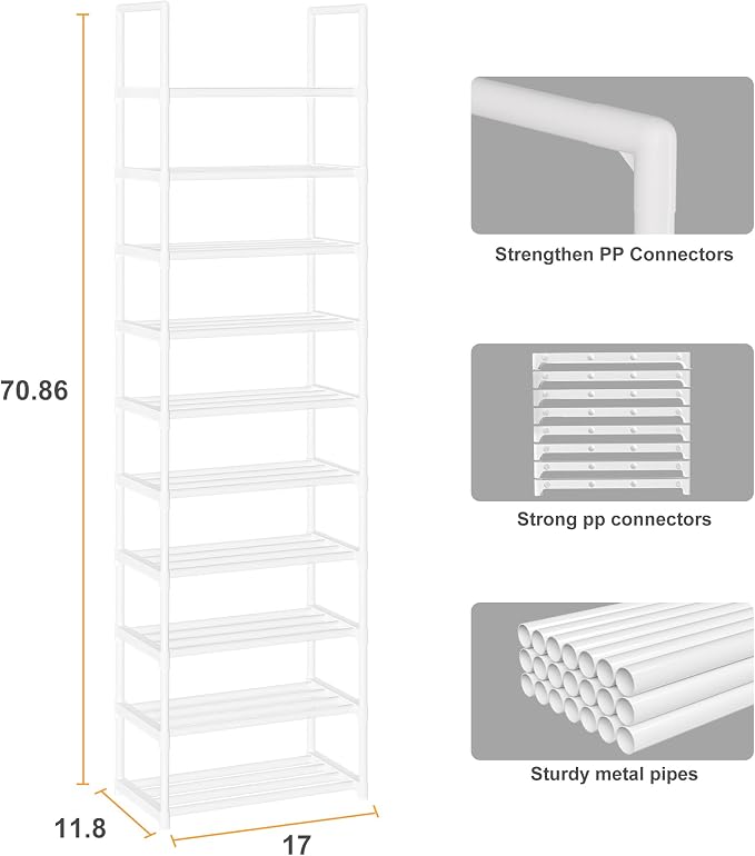 OYREL Shoe Rack, Sturdy Metal Space Saving Stackable Shoes Organizer | Closet, Entryway, Garage, Door Entrance, 10-Tier Narrow Shoe Shelf, Free Standing Shoes Holder, White