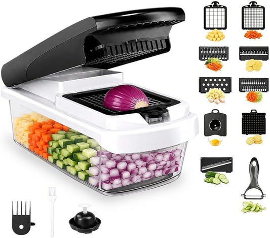 15-in-1 Vegetable Chopper and Mandoline Slicer with Container, Multifunction Food Chopper, Onion Cutter, Veggie Dicer, Fruit Slicer, Kitchen Gadget with Stainless Steel Blades, Black