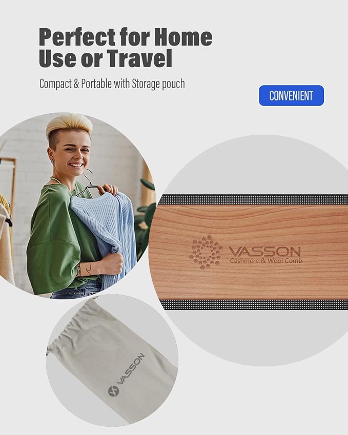 VASSON Large Cashmere Comb, Thick Wood Sweater Comb to Remove Pilling | Ergonomic thick beechwood grip and 20% larger comb for effortless de-pilling