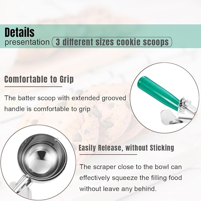 Saebye Cookie Scoop Set, Ice Cream Scoop Set, Cookie Scoops for Baking, Multiple Size Large-Medium-Small Size Disher, Professional 18/8 Stainless Steel Cupcake Scoop