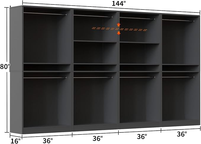 Unikito 12FT Modular Closet System with 8 Hanging Rods, 2800LBs Wood Garment Rack, 4-Pieces Ultra-Wide Walk-in Closet Organizer, Freestanding Clothing Shelves, Black