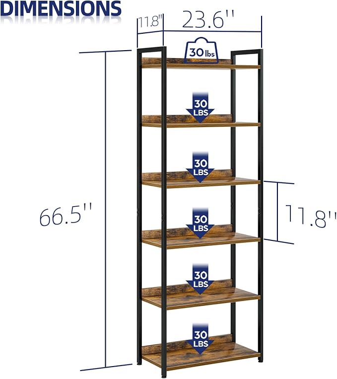 NUMENN Bookshelf, 6 Tier Freestanding Shelving Unit, Vintage | Metal Frame & Wood Shelves, Falling Prevention Baffle, Open Storage Bookcase for Bedroom, Living Room & Home Office