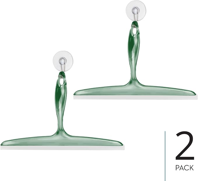 iDesign Bathroom Plastic Shower Squeegee, Clear/Green, Set of 2 | Wall Hook Included