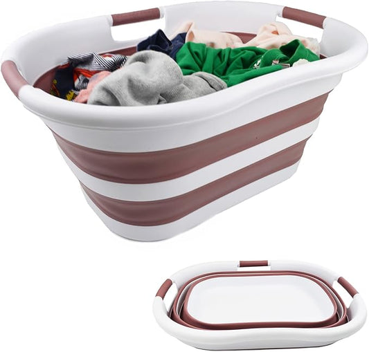 SAMMART 40L (10.5 gallon) Collapsible Plastic Laundry Basket - Foldable Pop Up Storage Container/Organizer - Portable Washing Tub - Space Saving Hamper/Basket (1, White/Dusky Pink)
