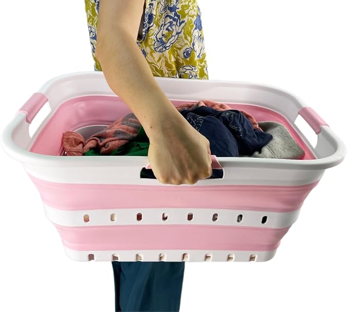 SAMMART 42 (11 Gallons) Collapsible Plastic Laundry Basket, Foldable Pop Up Storage Container/Organizer, Space Saving Hamper, Portable Bin for Dorm Room Bathroom (2, White/Cherry Pink)