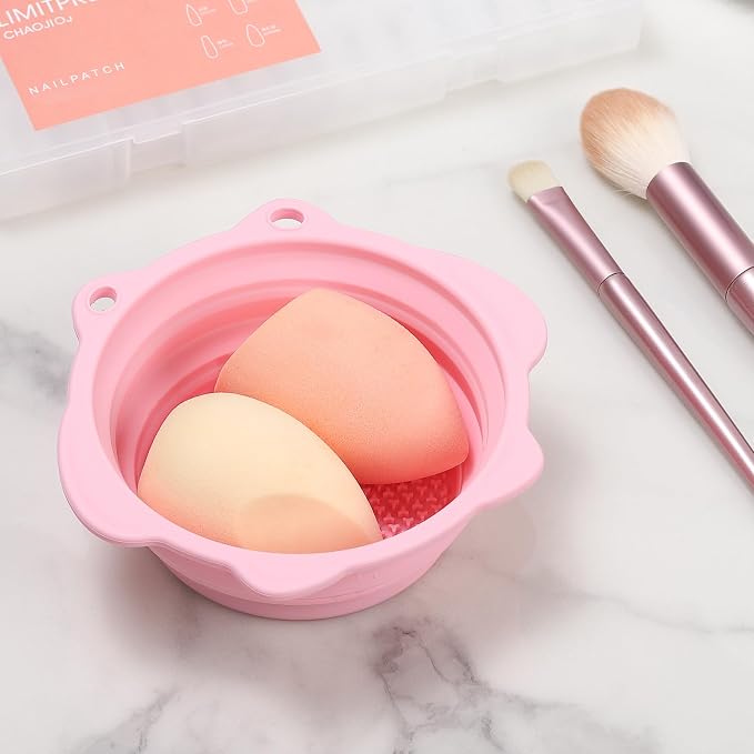 Foldable Silicone Makeup Brush Cleaner Bowl | Portable Cleaning Tool For Brushes, Powder Puffs, Sponges (Light Pink)