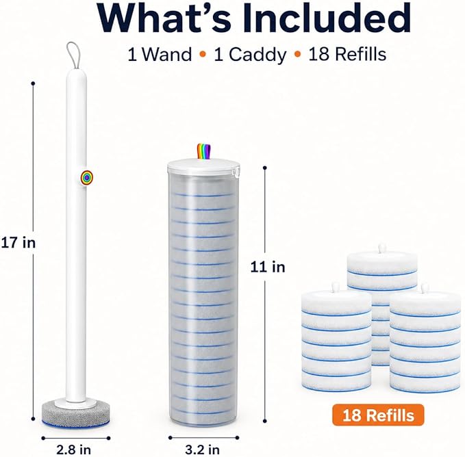 Disposable Toilet Cleaning Brush Kit with 18 Refill Heads, One-Press Release, Built-in Cleaning Solution, Wall-Mounted Storage, Ideal for Bathroom, Home, Rental and Airbnb