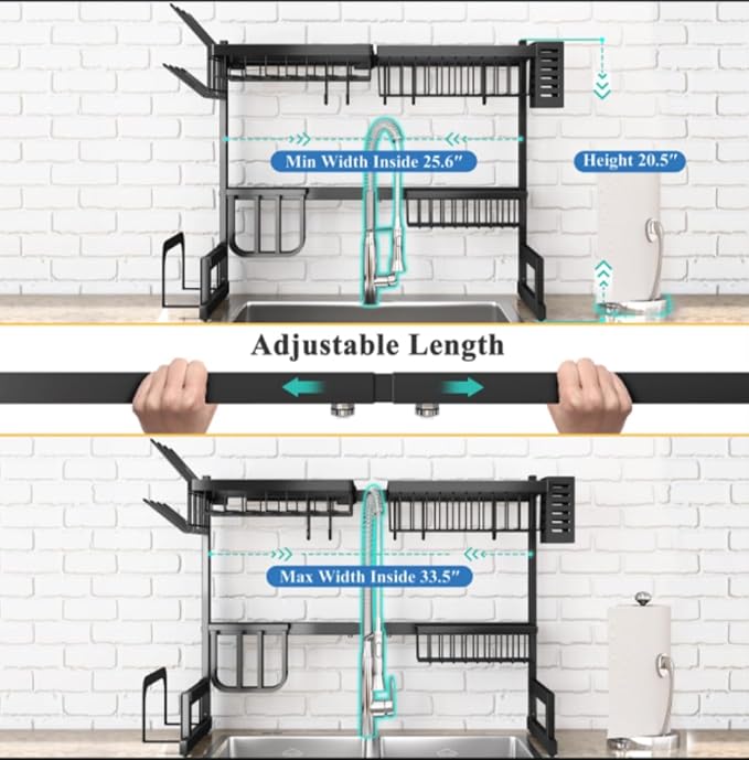 Adjustable Over The Sink Dish Drying Rack 2 Tier (25.6‘’-33.5‘’) | Length adjustable 2-tier, auto drainage, rustproof steel, includes racks/hooks, space saving, for kitchen sink