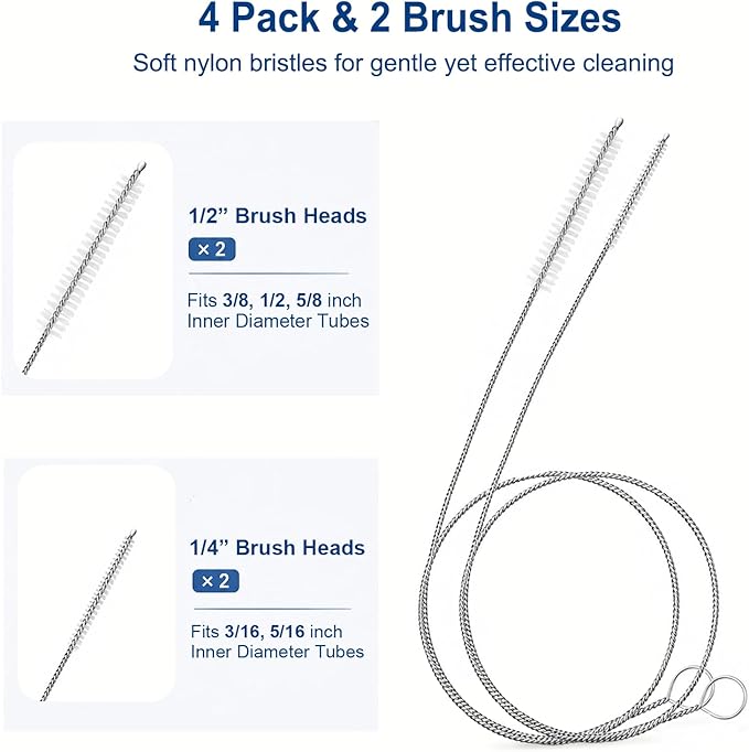 40 Inches 4-Pack Extra Long Cleaner Brush Set, Stainless Steel Pipe Cleaner Brushes for Straws, Kegerator Tubes, Siphon Hoses, Feeding Tubes, Sunroof Drains, Ice Maker Hoses, and More