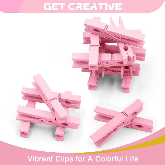 100 Pcs Pink Clothes pins - 2.9 Inch Wooden Clothespins Cheer Clips | Vibrant for Crafts Classroom Decorations Clothing Pictures Laundry Solid Wood No Splinters Fade‑Proof