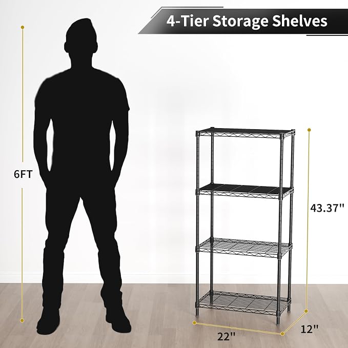 Golpart 4Tier Adjustable Storage Shelves Metal Wire Shelving Standing Shelf | Utility Heavy Duty Unit Rack Closet Organize for Home Kitchen Laundry Room Organization Pantry 12"Dx22"Wx43.5"H Black