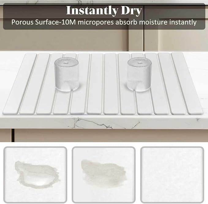 2 PCS Extra Large Stone Dish Drying Mat for Kitchen Counter, Foldable Quick Drying Dish Mats, Super Absorbent Drying Pad, Kitchen Counter Mats for Dishes, Bottles, Cups(White 28"×16" & 8"x4")