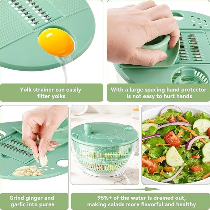 Ceruaxb Salad Spinner Chopper Large with 5 Blades Slicer, Vegetables Fruits Wash Bowl, Lettuce Spinner and Dryer, Egg Yolk Strainer Slicer Shredder for Kitchen Colander, 5.3 Qt, Green