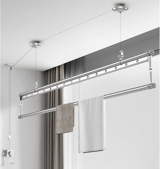 Ceiling Mounted Clothes Drying Rack, Indoor Balcony Lifting Aluminum Alloy Pulley Single Rod Clothes Rack, Hand-Held Vertical Folding Laundry Drying Rod(1.5M(59in), Silver)