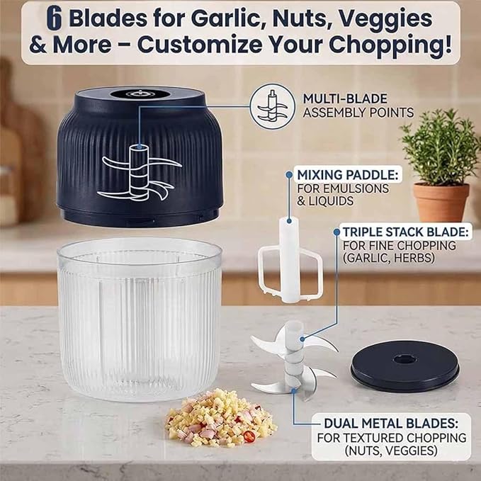 Household Electric Garlic Crusher, 400ml Mini Electric Food Chopper, Portable Mini Food Processor with 6 Blades, Wireless Electric Garlic Chopper for Ginger, Chili, Fruit, Meat, etc (4 Blades Blue)