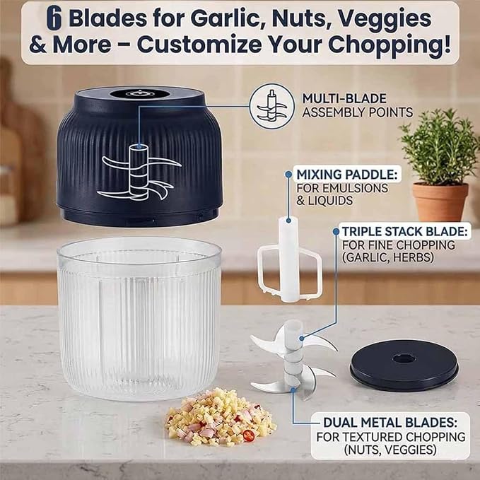 Household Electric Garlic Crusher, 400ml Mini Electric Food Chopper, Portable Mini Food Processor with 6 Blades, Wireless Electric Garlic Chopper for Ginger, Chili, Fruit, Meat, etc (4 Blades White)