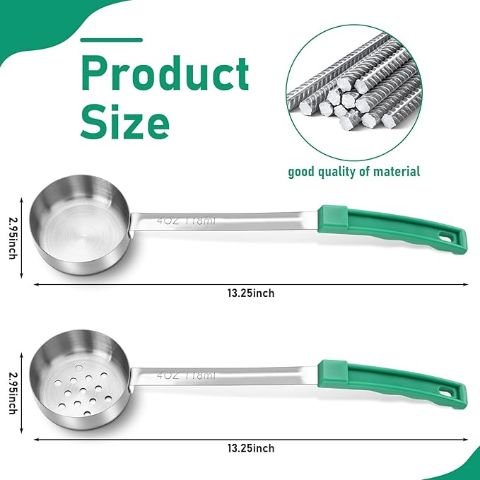 Teenyyou 2 Pcs Portion Control Serving Spoons, Restaurant Measuring Serving Ladle Utensils, Portion Spoons for Weight Loss, Kitchen (Green,4 oz,Solid and Slotted)