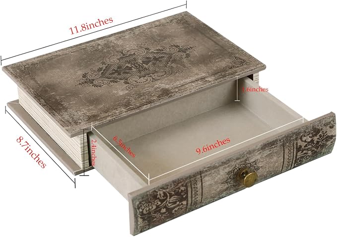 Vintage Book-Shaped Storage Box with Drawer, Distressed Vintage Brown Faux Leather Finish and Gothic Medallion Motif, Decorative Hidden Organizer for Home or Office 11.8″ x 8.7″ x 2.4″