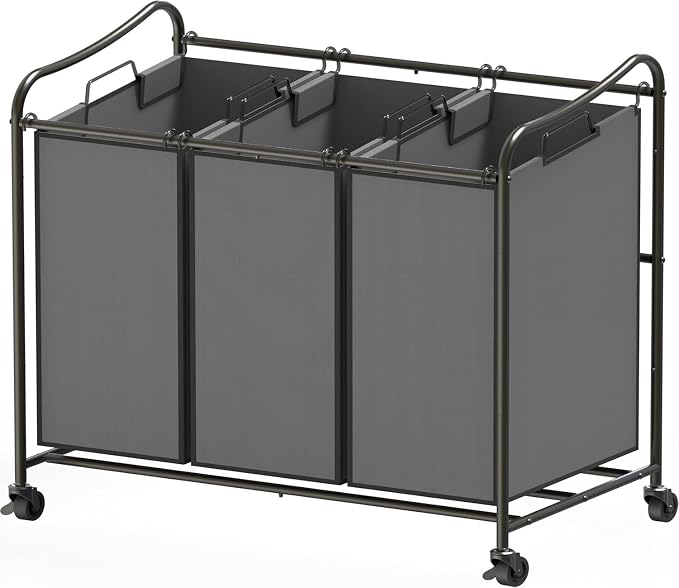 Simple Houseware Heavy Duty 3-Bag Laundry Sorter Rolling Cart, Dark Grey | Removable Bags and Lockable Wheels for Laundry Room Organization