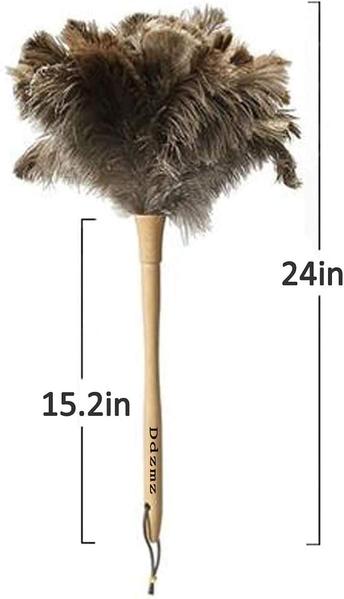DDZMZ Ostrich Feather Duster for Cleaning with Long Wooden Handle,24" | Genuine Natural Fluffy,Reusable and Washable,Gentle on Delicate Surfaces,for Home,Furniture,Desk