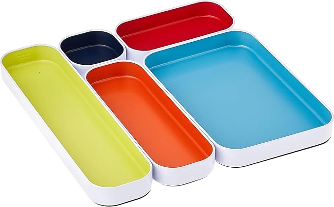 Three by Three Seattle Metal Drawer Organizer Tray Set, 5-Pc, 1" (Assorted) | Colorful 1" metal bins; food-safe; soft non-scratch base; kitchen, bathroom, vanity, desk & office drawers