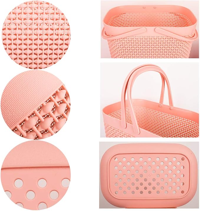 Plastic Protable Shower Caddy Basket, Storage Organizer with Handle, Pink | Bottom Drain Holes, Keep Dry, Sturdy and Durable, Easy to Carry for Bathroom, Kitchen, Dorm Room, RV, College