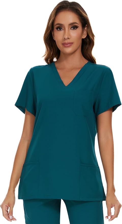 Scrubs Tops for Woman - Soft Stretch, V-Neck Tops | 3 Pockets, Side Split Design, Short Sleeve, Breathable & Lightweight Nursing Shirt, Easy-Care Fabric for All-Day Comfort