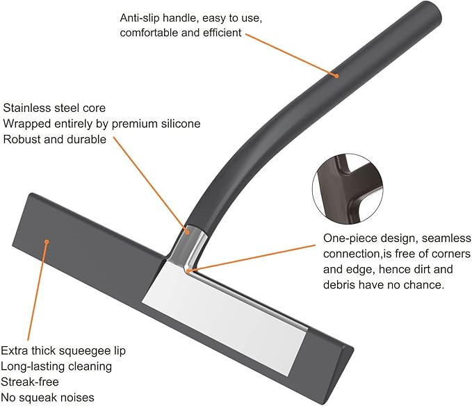 Silicone Shower Squeegee, Black, 11inch | All-Purpose, With Hook, For Shower Glass Door Window Mirror Tile Car Walls
