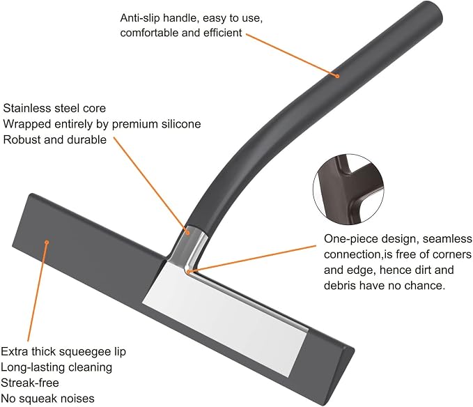 Silicone Shower Squeegee, Black, 9 inch | All-Purpose, For Shower Glass Door Window Mirror Tile Car Walls, 2 Hooks Included, Bathroom Accessories