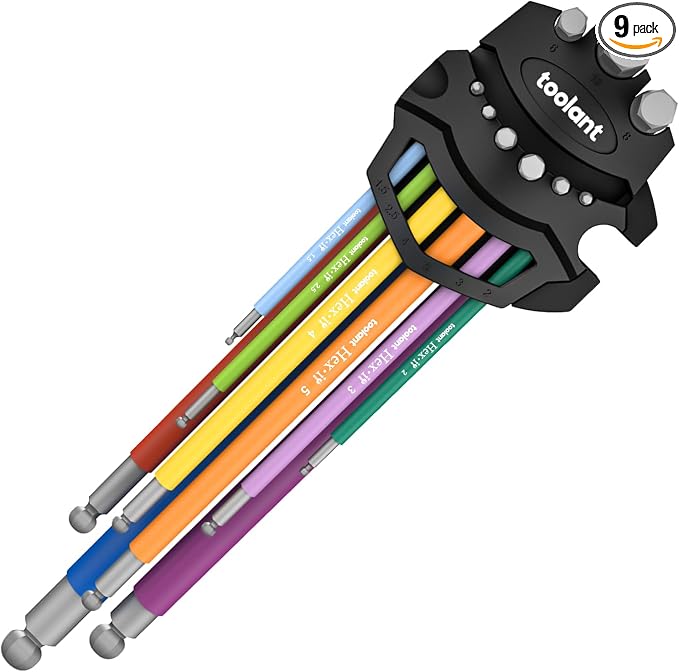 toolant Metric Allen Wrenches Sets 9pcs, Extra Long Arm Allen Key Set with Ball End, Crafted Hex Key Set with Color Coded Sleeves, Unique Patented Holder Design for Magnetizing and Demagnetizing
