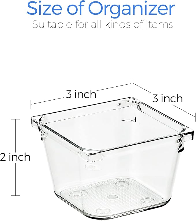 Ravinte 6 Pack Drawer Organizer - 3" X 3" Plastic Storage Bins, Acrylic Organizers with Non-Slip Pads Clear Desk Storage Tray for Makeup, Jewelries, Kitchen Utensils, Bathroom and Office | Acrylic Tray Design, Non-Slip Pads, For Makeup, Jewelry, Kitche...