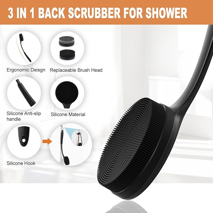 Long Handle Back Scrubber for Shower with 3 Interchangeable Heads-Black | Ergonomic Curved Handle,Non-Slip Silicone Grip,Premium Gift Box,Use in Wet and Dry,Cleaning and Exfoliation