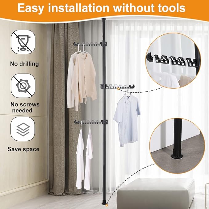 Hershii Telescopic Clothing Rack for Hanging Clothes Laundry Tension Pole | 4 Tiers Coat Tree Garment Drying Stand Floor to Ceiling Corner Storage Organizer Holder for Indoor, Balcony - Black