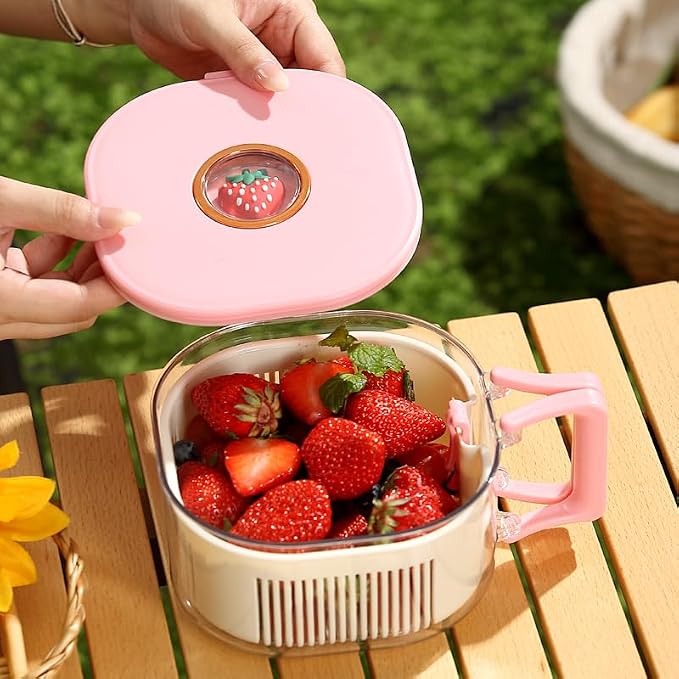 Fruit and Salad Washing Bowl with Strainer,Colander for Kitchen,Multi-Functional Vegetable and Food Drainer with Lid, Handle and Fork,Portable Fruit and Salad Containers for Fridge,BPA Free，Grape