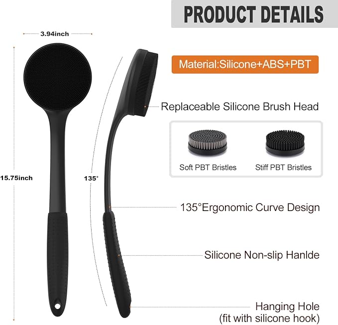 Long Handle Back Scrubber for Shower with 3 Interchangeable Heads-Black | Ergonomic Curved Handle,Non-Slip Silicone Grip,Premium Gift Box,Use in Wet and Dry,Cleaning and Exfoliation