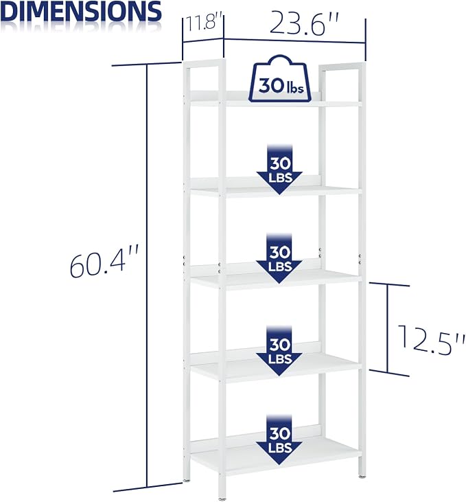 NUMENN Bookshelf, 5 Tier Freestanding Shelving Unit, White | Metal Frame & Wood Shelves, Falling Prevention Baffle, Open Storage Bookcase for Bedroom, Living Room & Home Office